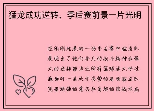 猛龙成功逆转，季后赛前景一片光明