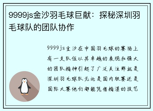 9999js金沙羽毛球巨献：探秘深圳羽毛球队的团队协作
